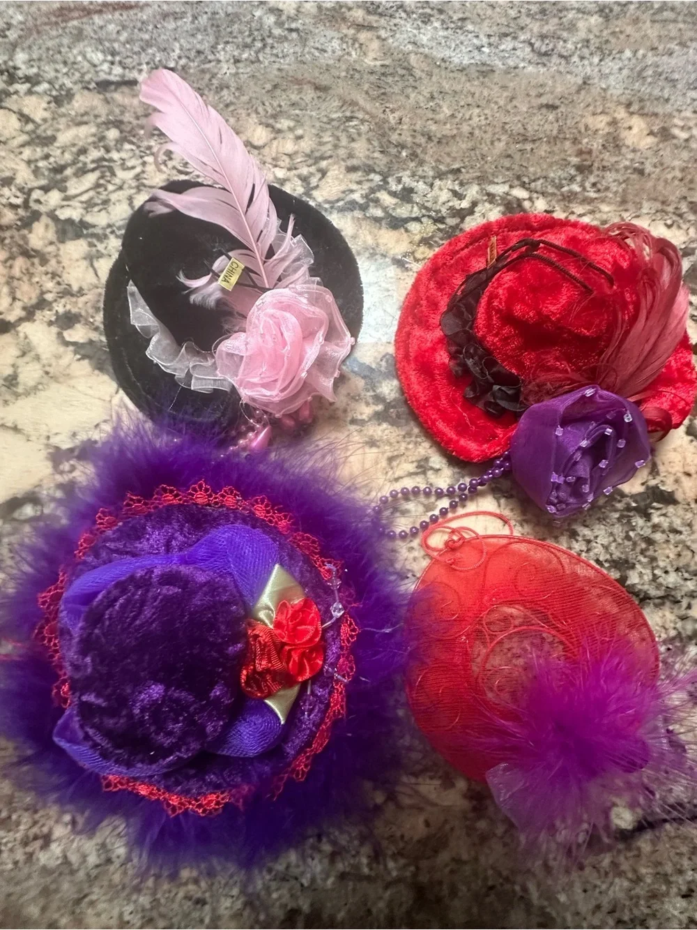 Vintage-Inspired Purple and Red Feathered Pillbox Hat Set - Hanging Decorations